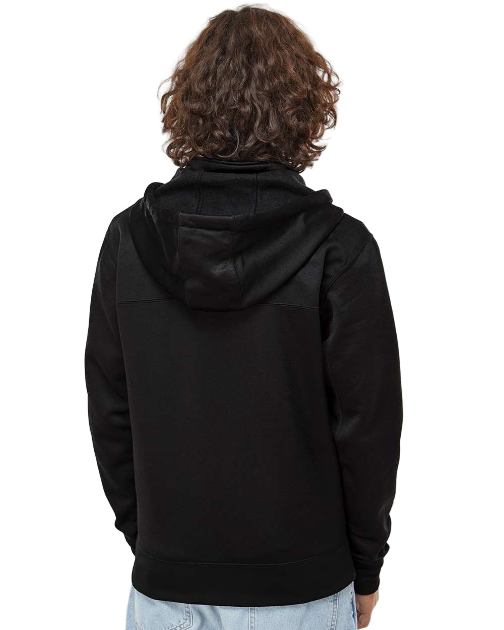 Person wearing a black hoodie with a plain background