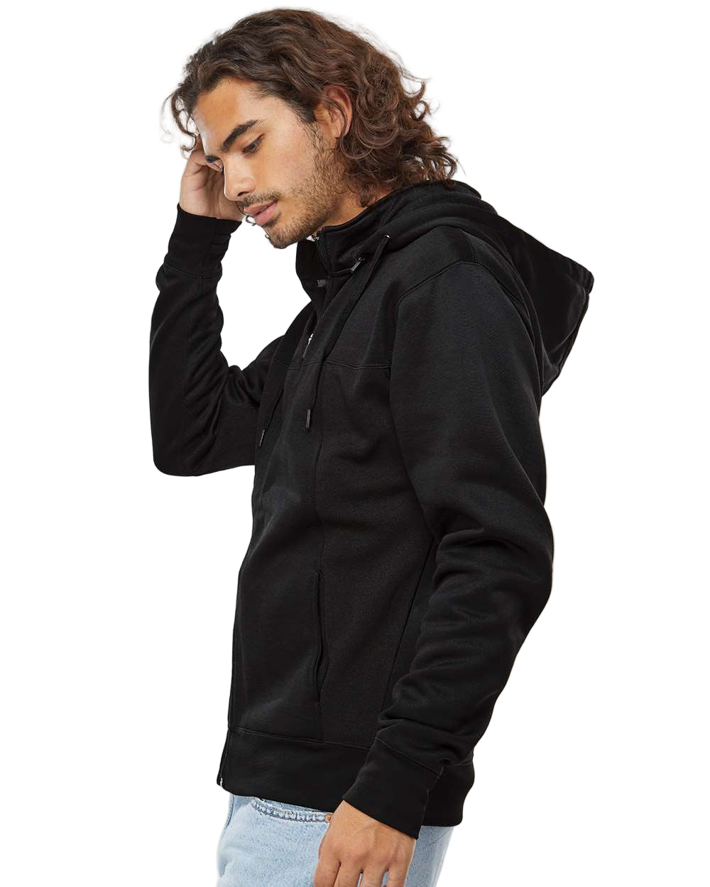 Man wearing a black hoodie against a white background