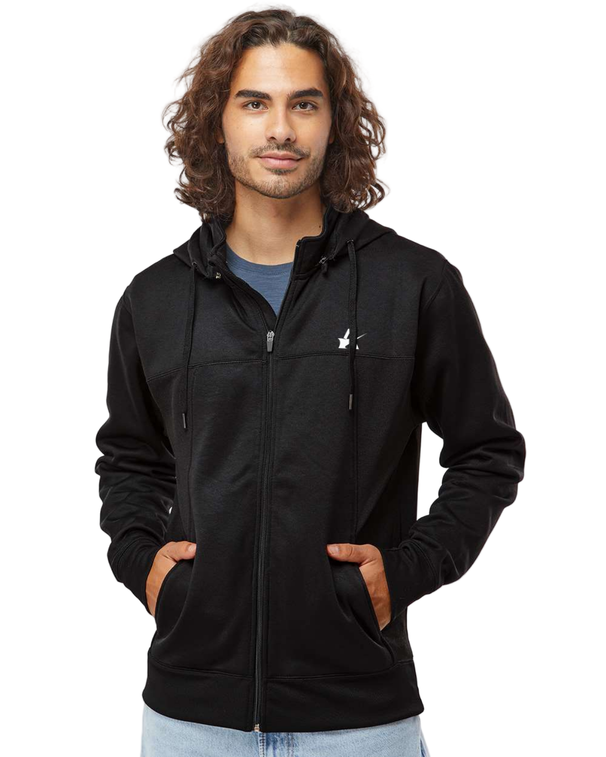 Man wearing a black hoodie with a white logo on a light gray background