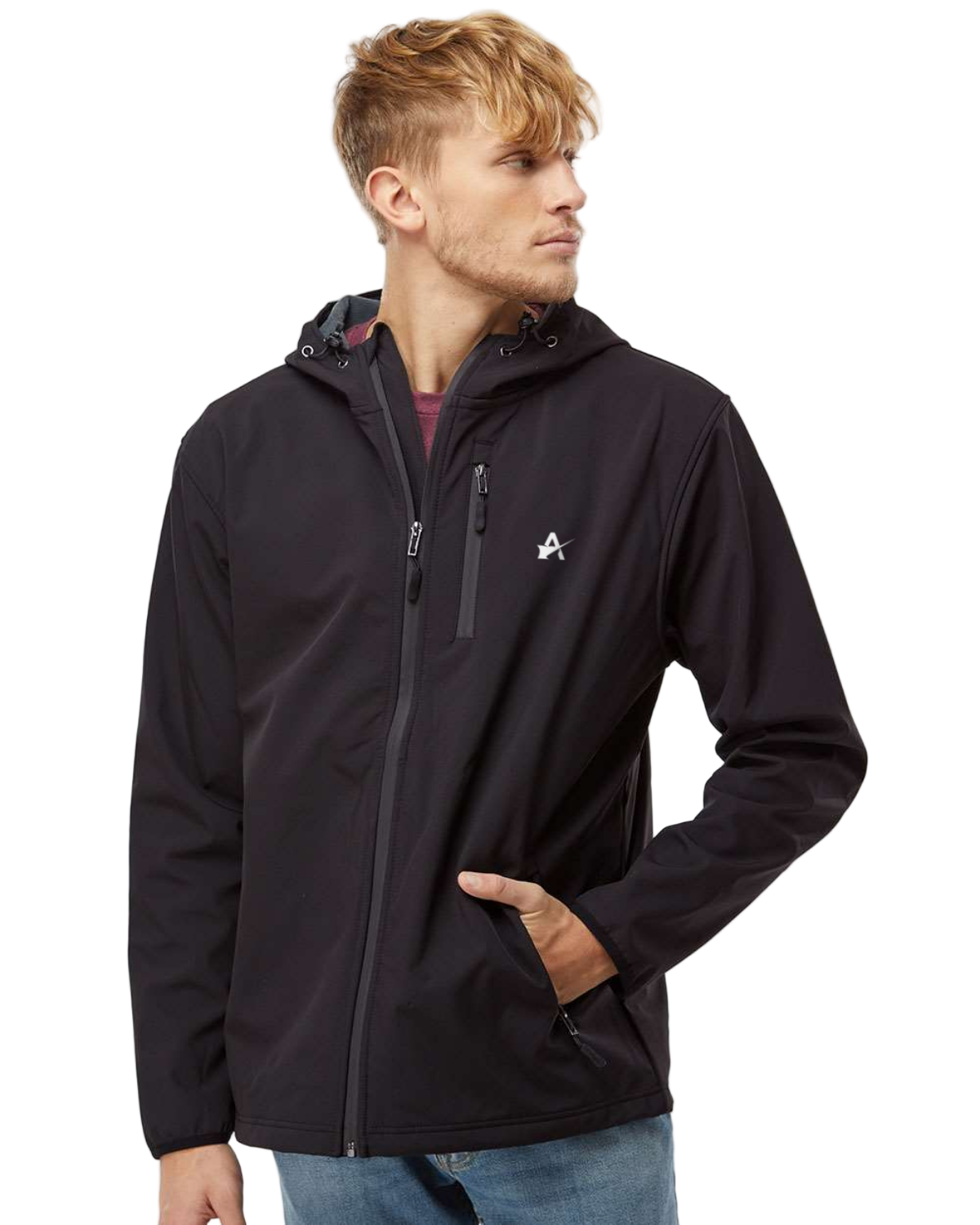 Man wearing a black jacket with a brand logo on a white background