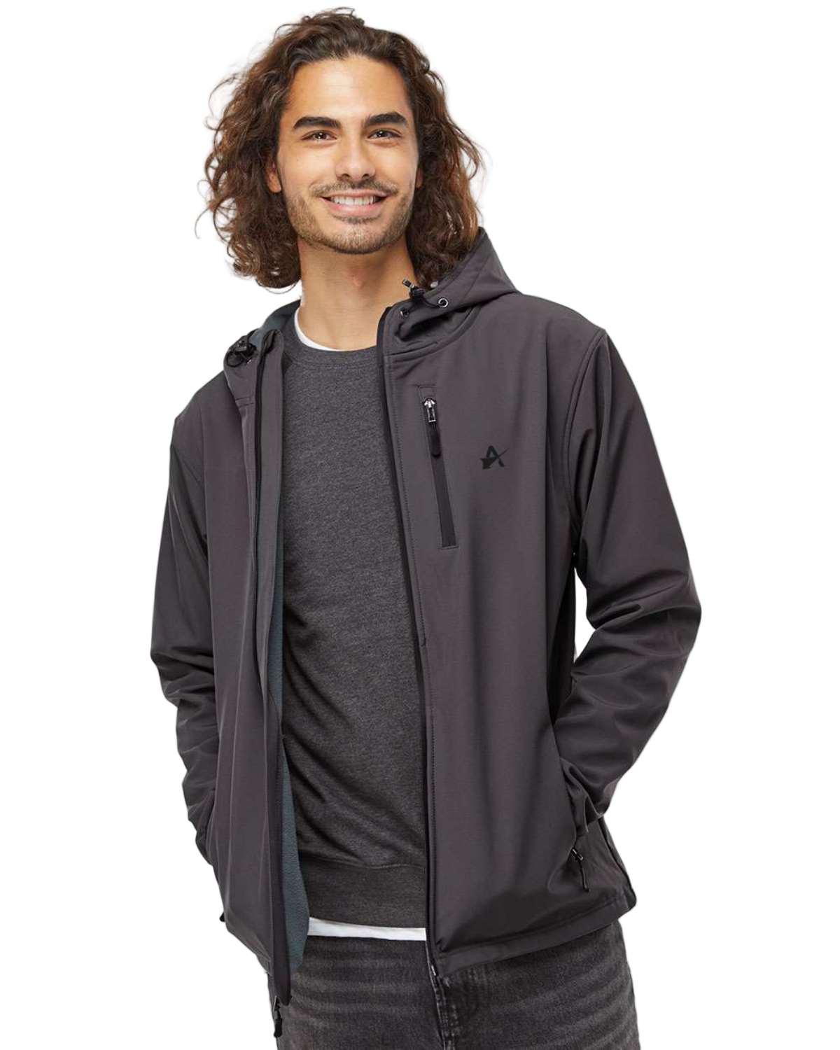 Man wearing a dark gray jacket with a hood on a light gray background