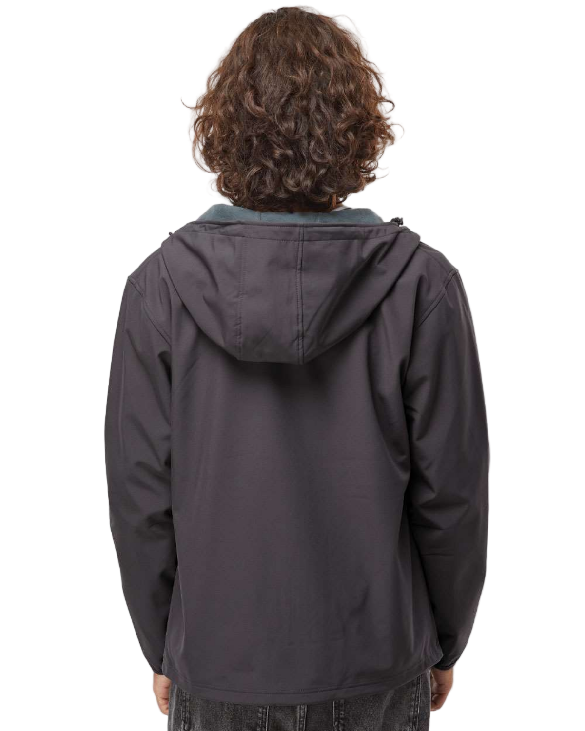 Person wearing a dark gray hooded jacket on a white background